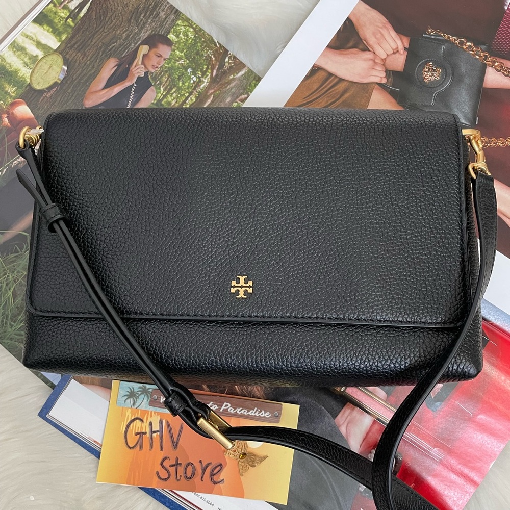 Tory Burch Black Leather Crossbody Bag with Gold Accents